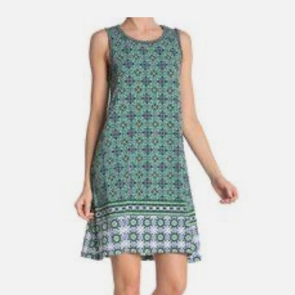 Max Studio Women’s Sleeveless Green and Blue Geometric Patterned Trapeze Dress L - Picture 1 of 13